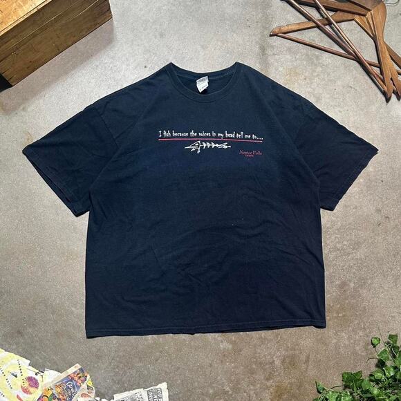 Vintage Y2K Funny Fishing Joke Text Tee Mens 2XL Faded Black Dark Humor Shirt - Picture 1 of 5